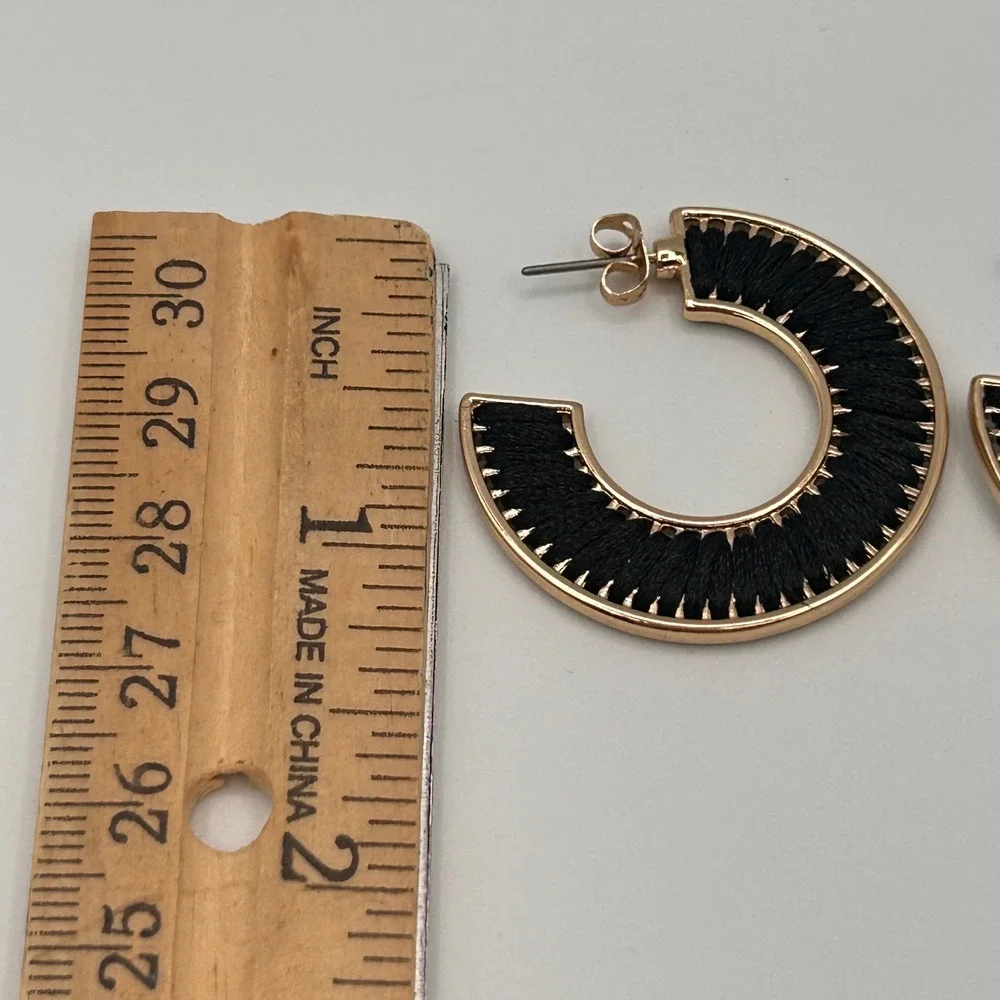 Gold Tone Black Thread Wrapped C Shape Hoop Earrings Post Back Bohemian Style